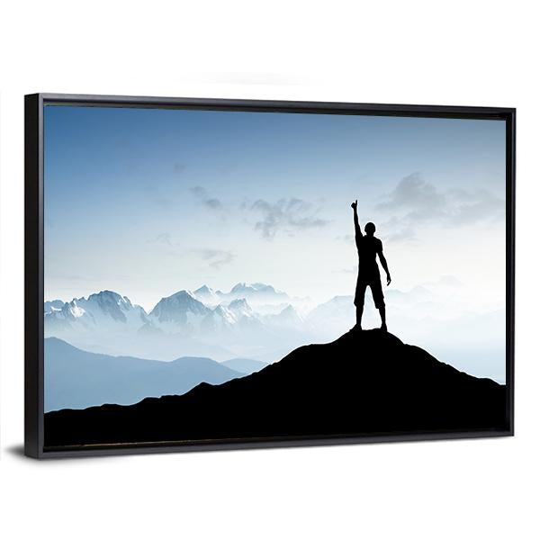 Winner Silhouette On The Mountain Top Canvas Wall Art-3 Horizontal-Gallery Wrap-25" x 16"-Tiaracle
