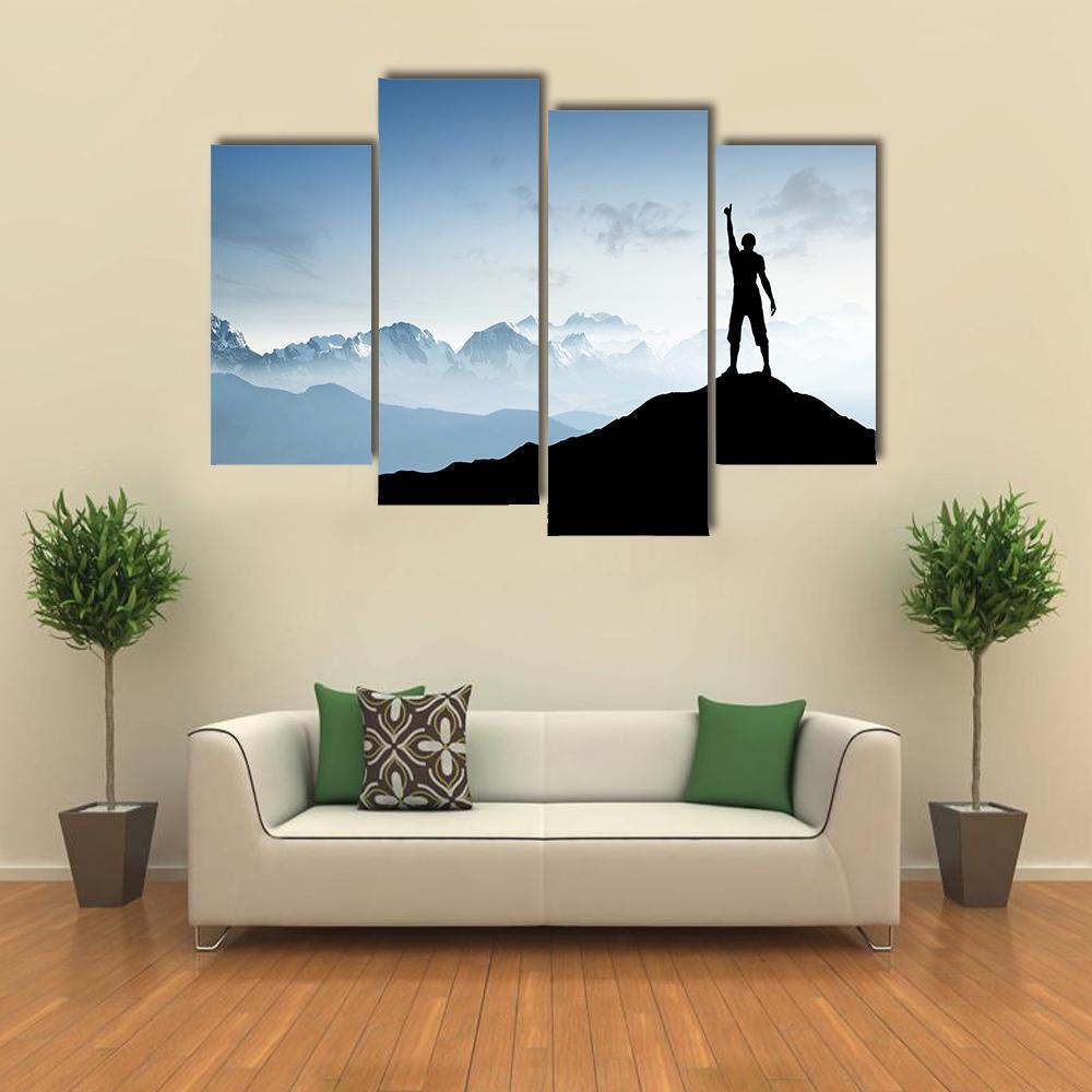 Winner Silhouette On The Mountain Top Canvas Wall Art-4 Pop-Gallery Wrap-50" x 32"-Tiaracle