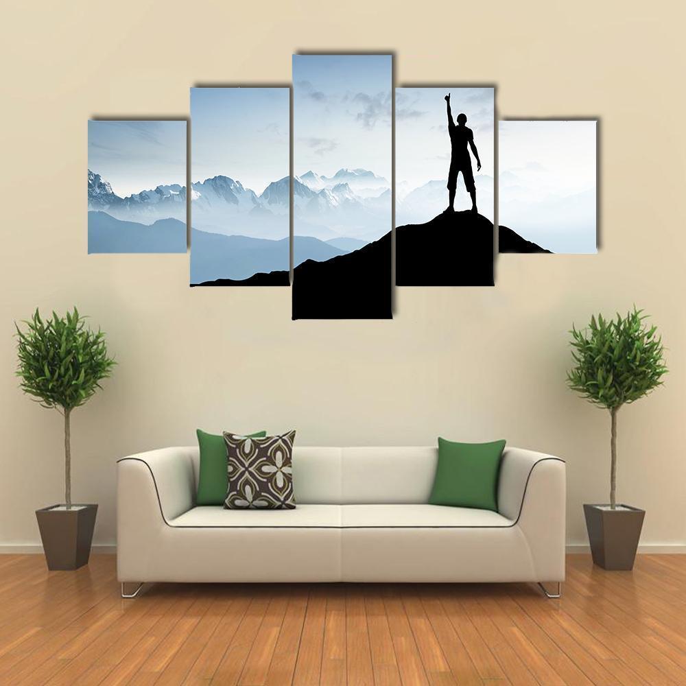 Winner Silhouette On The Mountain Top Canvas Wall Art-5 Star-Gallery Wrap-62" x 32"-Tiaracle