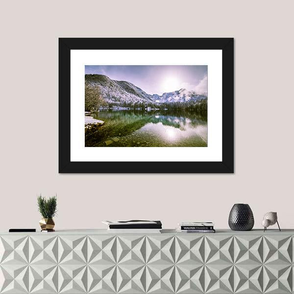 Winter At A Lake In The Italian Alps Canvas Wall Art-1 Piece-Framed Print-20" x 16"-Tiaracle