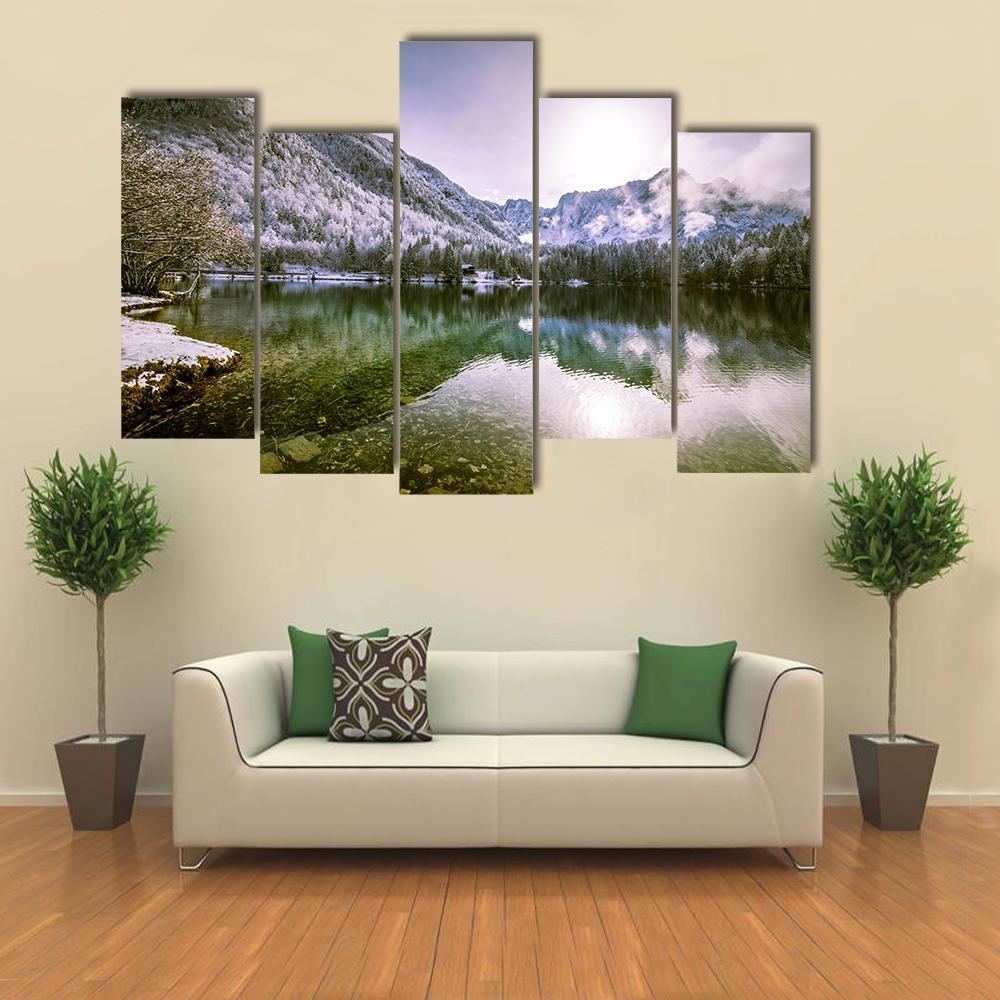 Winter At A Lake In The Italian Alps Canvas Wall Art-5 Pop-Gallery Wrap-47" x 32"-Tiaracle