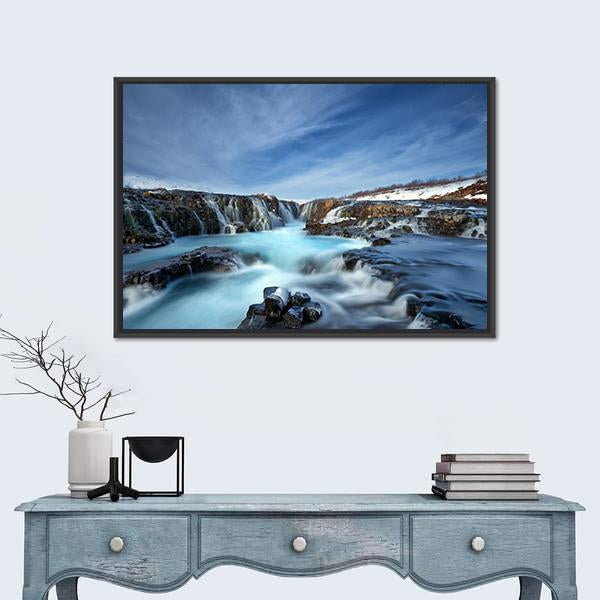 Winter Day At Bruarfoss Waterfall Canvas Wall Art-1 Piece-Floating Frame-24" x 16"-Tiaracle
