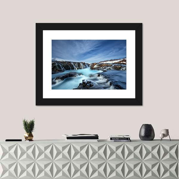 Winter Day At Bruarfoss Waterfall Canvas Wall Art-1 Piece-Framed Print-20" x 16"-Tiaracle