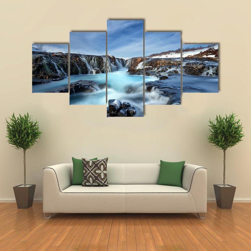 Winter Day At Bruarfoss Waterfall Canvas Wall Art-5 Star-Gallery Wrap-62" x 32"-Tiaracle