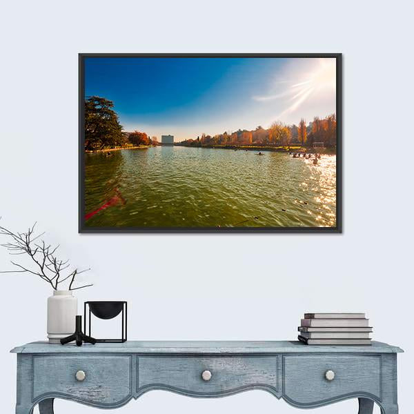 Winter Day In City Lake With Sunlight Canvas Wall Art-1 Piece-Floating Frame-24" x 16"-Tiaracle