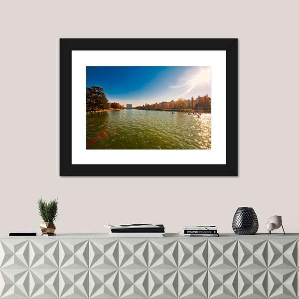 Winter Day In City Lake With Sunlight Canvas Wall Art-1 Piece-Framed Print-20" x 16"-Tiaracle