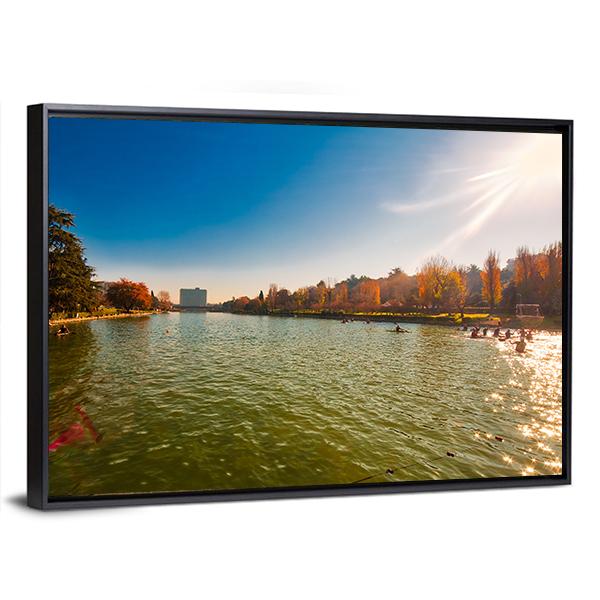 Winter Day In City Lake With Sunlight Canvas Wall Art-3 Horizontal-Gallery Wrap-25" x 16"-Tiaracle