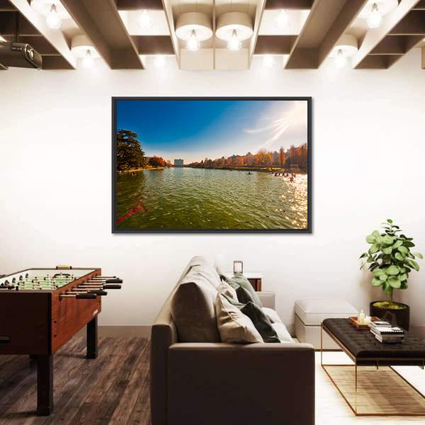 Winter Day In City Lake With Sunlight Canvas Wall Art-3 Horizontal-Gallery Wrap-25" x 16"-Tiaracle