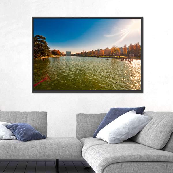 Winter Day In City Lake With Sunlight Canvas Wall Art-3 Horizontal-Gallery Wrap-25" x 16"-Tiaracle