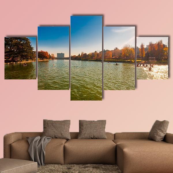 Winter Day In City Lake With Sunlight Canvas Wall Art-5 Star-Gallery Wrap-62" x 32"-Tiaracle