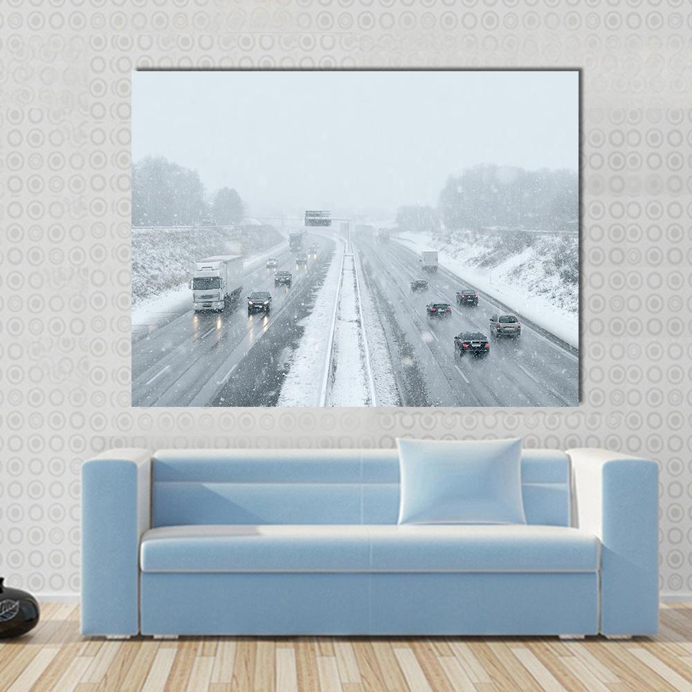 Winter Driving Commuter Traffic Canvas Wall Art in white and gray, single panel hung on a wall