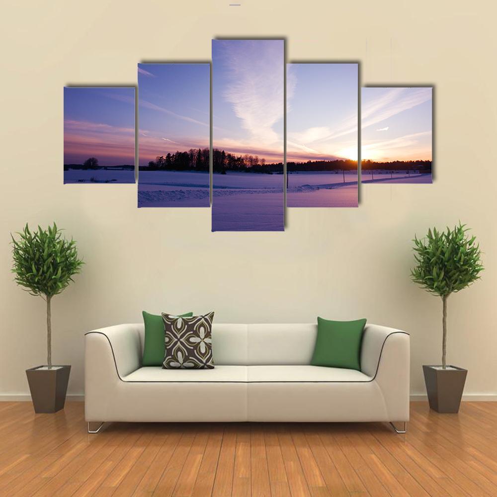 Winter Evening At Countryside Canvas Wall Art-5 Star-Gallery Wrap-62" x 32"-Tiaracle