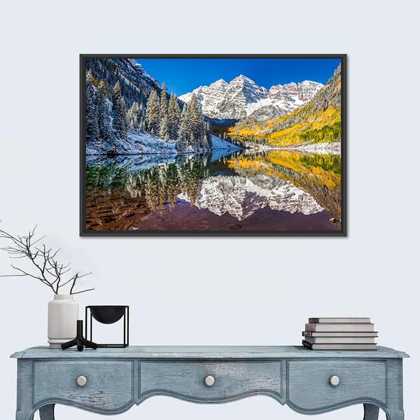 Winter Foliage At Maroon Bells Canvas Wall Art-1 Piece-Floating Frame-24" x 16"-Tiaracle