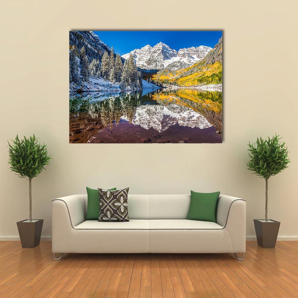 Golden Aspens and Snow-capped Peaks Canvas Wall Art in white, yellow and blue, single panel hung on a wall