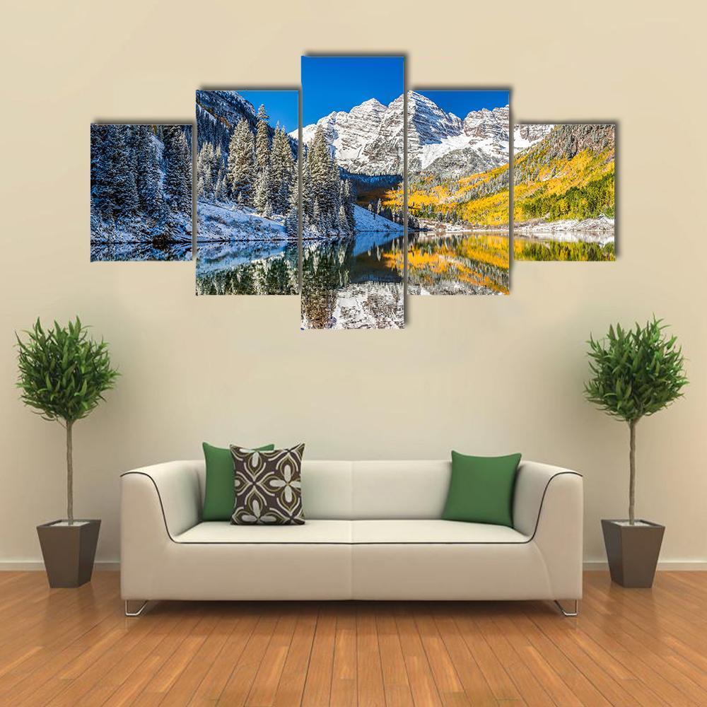 Winter Foliage At Maroon Bells Canvas Wall Art-5 Star-Gallery Wrap-62&quot; x 32&quot;-Tiaracle