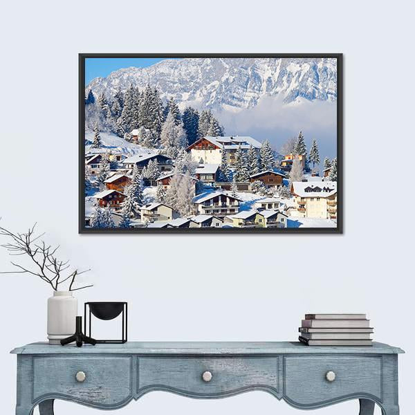 Winter Holiday Houses In Swiss Alps Switzerland Canvas Wall Art-1 Piece-Floating Frame-24" x 16"-Tiaracle