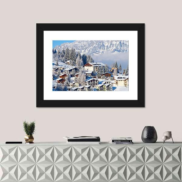 Winter Holiday Houses In Swiss Alps Switzerland Canvas Wall Art-1 Piece-Framed Print-20" x 16"-Tiaracle