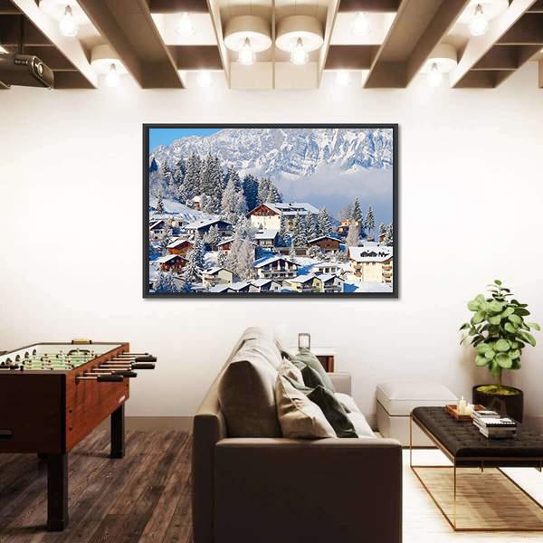 Winter Holiday Houses In Swiss Alps Switzerland Canvas Wall Art-3 Horizontal-Gallery Wrap-25" x 16"-Tiaracle