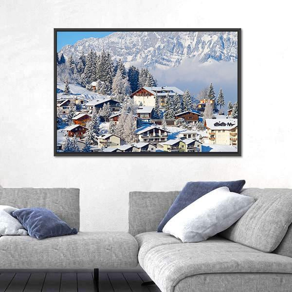 Winter Holiday Houses In Swiss Alps Switzerland Canvas Wall Art-3 Horizontal-Gallery Wrap-25" x 16"-Tiaracle