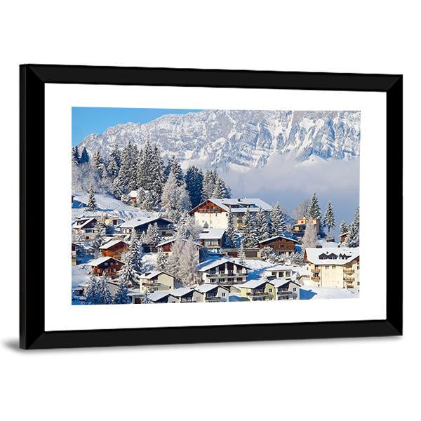 Winter Holiday Houses In Swiss Alps Switzerland Canvas Wall Art-3 Horizontal-Gallery Wrap-25" x 16"-Tiaracle