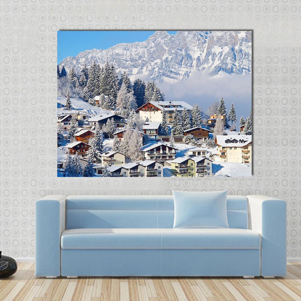 Winter Holiday Houses In Swiss Alps Switzerland Canvas Wall Art-1 Piece-Gallery Wrap-48" x 32"-Tiaracle