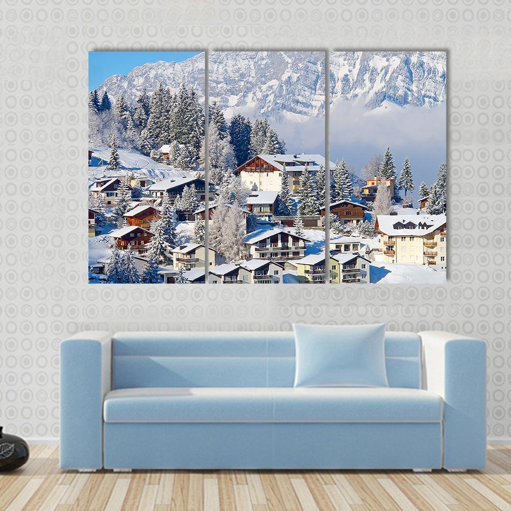 Winter Holiday Houses In Swiss Alps Switzerland Canvas Wall Art-3 Horizontal-Gallery Wrap-37" x 24"-Tiaracle