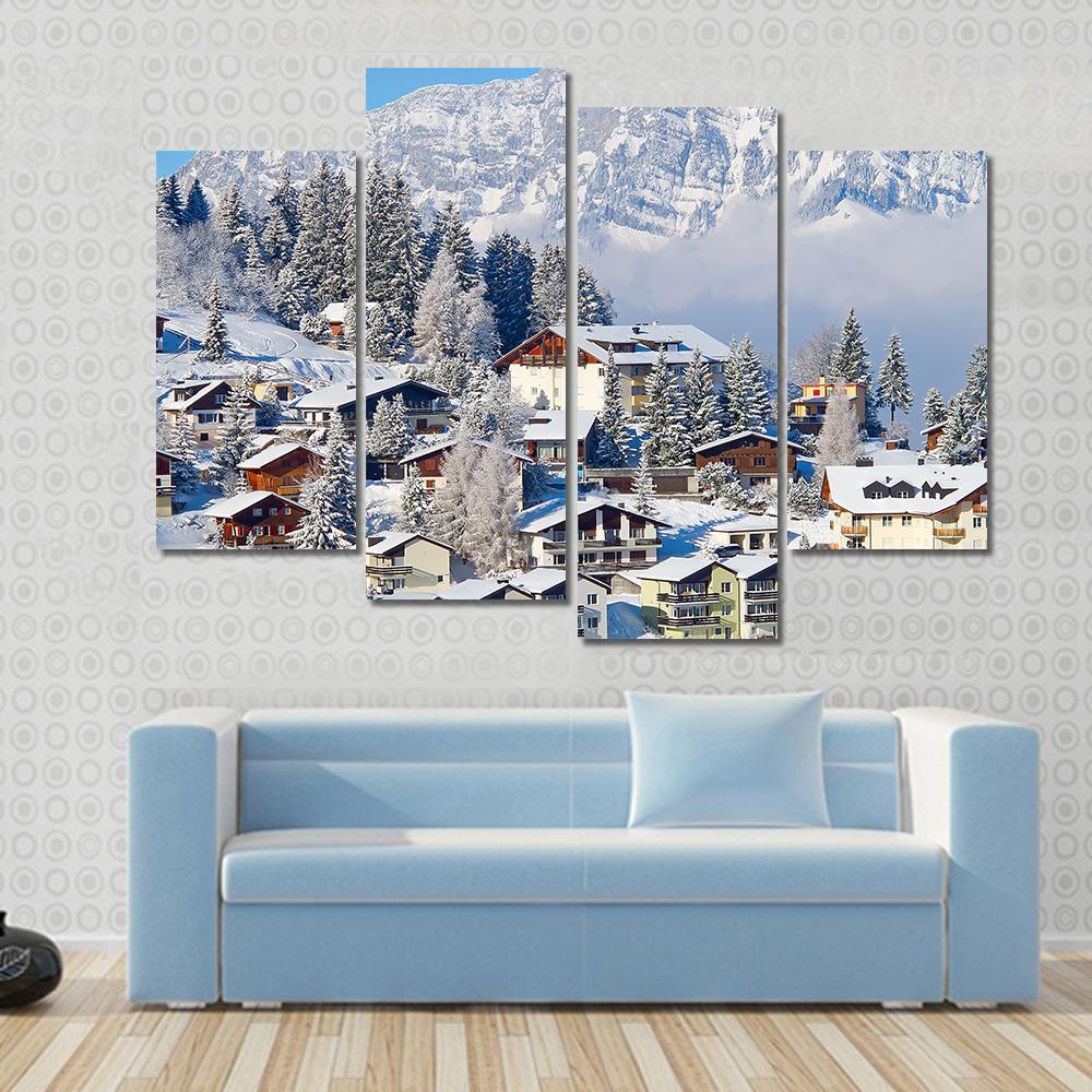 Winter Holiday Houses In Swiss Alps Switzerland Canvas Wall Art-4 Pop-Gallery Wrap-50" x 32"-Tiaracle