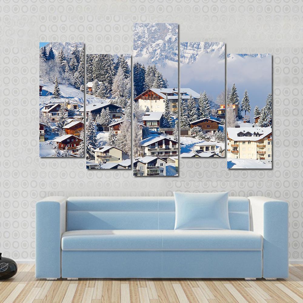 Winter Holiday Houses In Swiss Alps Switzerland Canvas Wall Art-5 Pop-Gallery Wrap-47" x 32"-Tiaracle