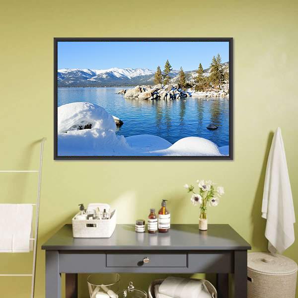 Winter at Lake Tahoe Canvas Wall Art in white and blue, framed canvas, product view on a white background