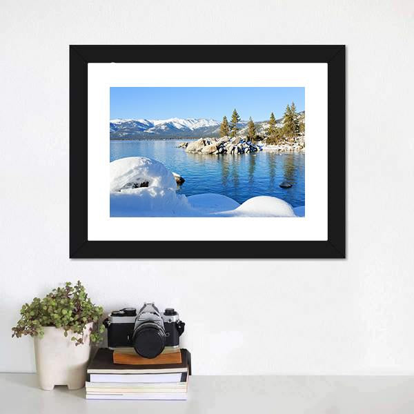 Winter at Lake Tahoe Canvas Wall Art in white and blue, framed print, product view on a white background