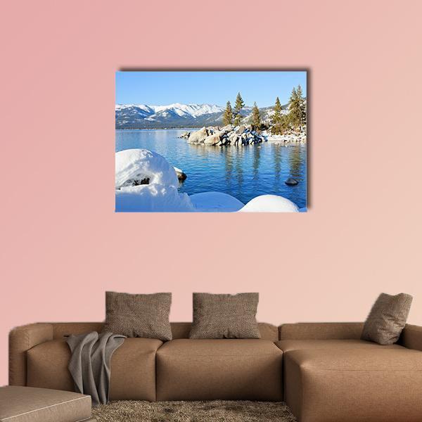 Winter at Lake Tahoe Canvas Wall Art in white and blue, single panel hung on a wall