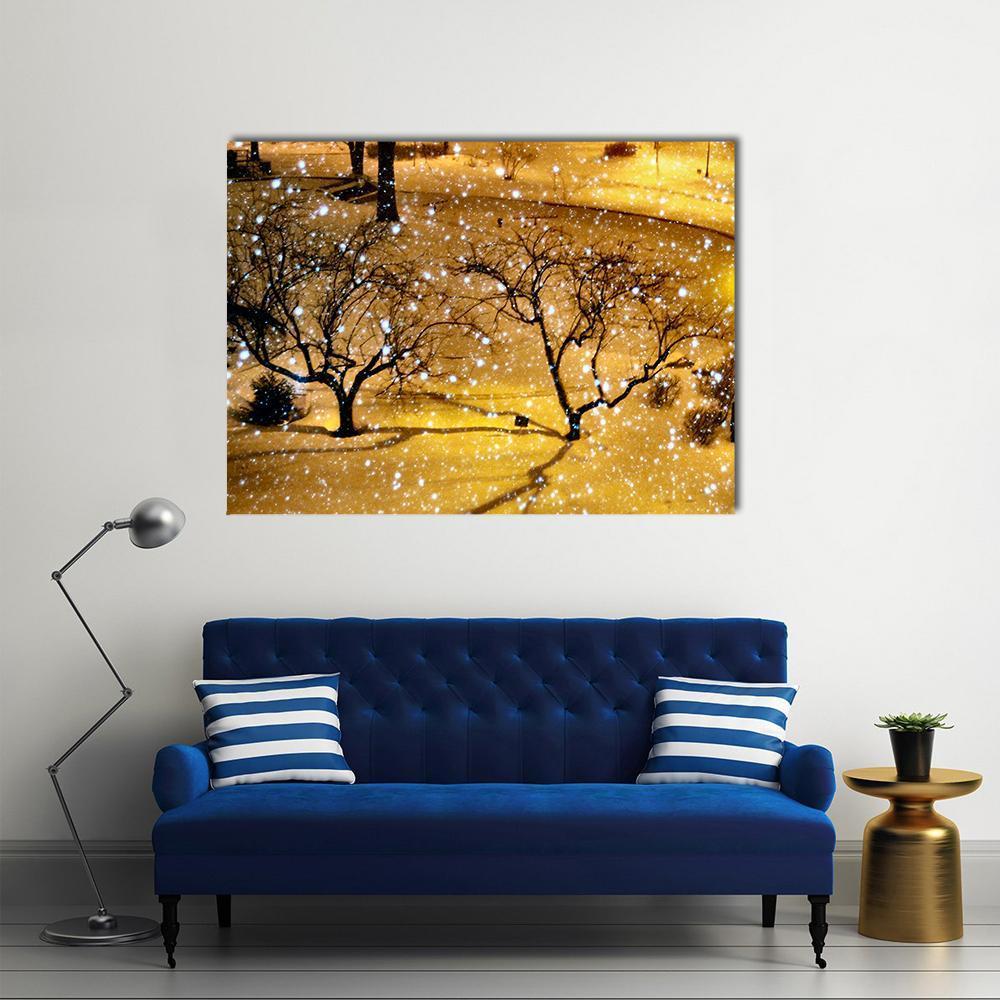 Winter Evening in New York City Canvas Wall Art in black, white and yellow, single panel hung on a wall