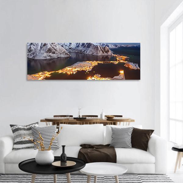Aurora Borealis Over Reinebringen Mountain Ridge Panoramic Canvas Wall Art-1 Piece-36" x 12"-Tiaracle