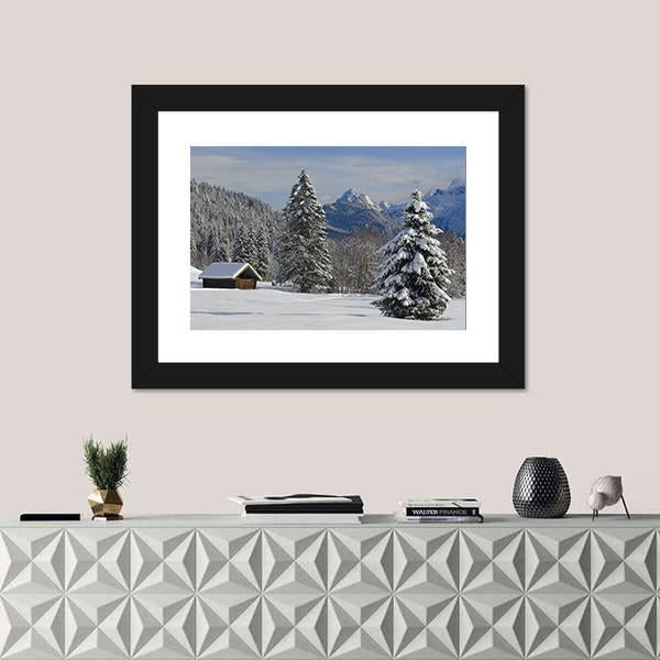 Winter Landscape At Alp Mountains Canvas Wall Art-1 Piece-Framed Print-20" x 16"-Tiaracle