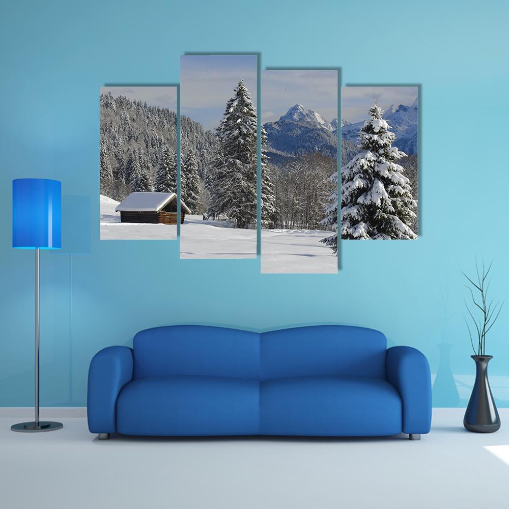 Winter Landscape At Alp Mountains Canvas Wall Art-4 Pop-Gallery Wrap-50" x 32"-Tiaracle
