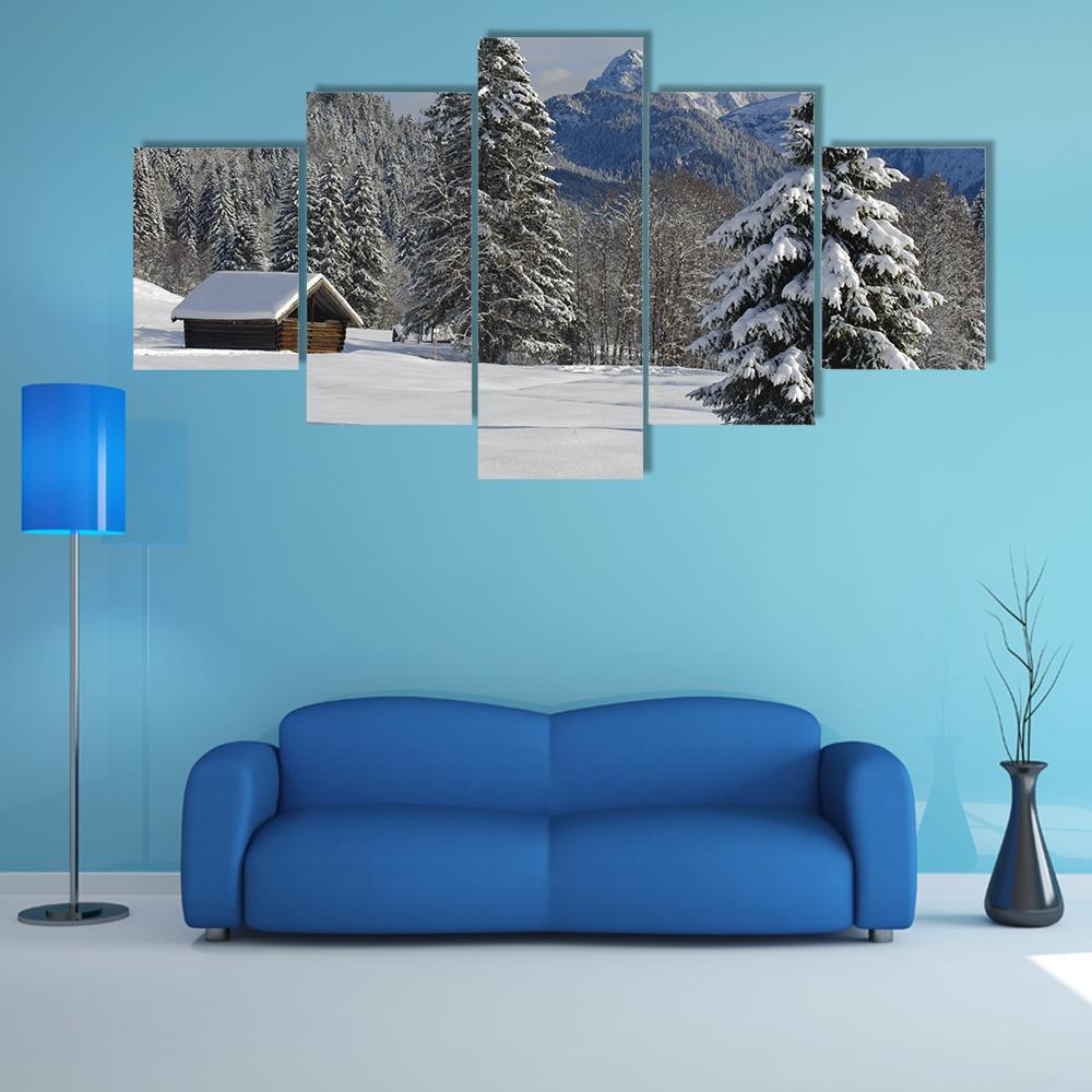 Winter Landscape At Alp Mountains Canvas Wall Art-5 Star-Gallery Wrap-62" x 32"-Tiaracle
