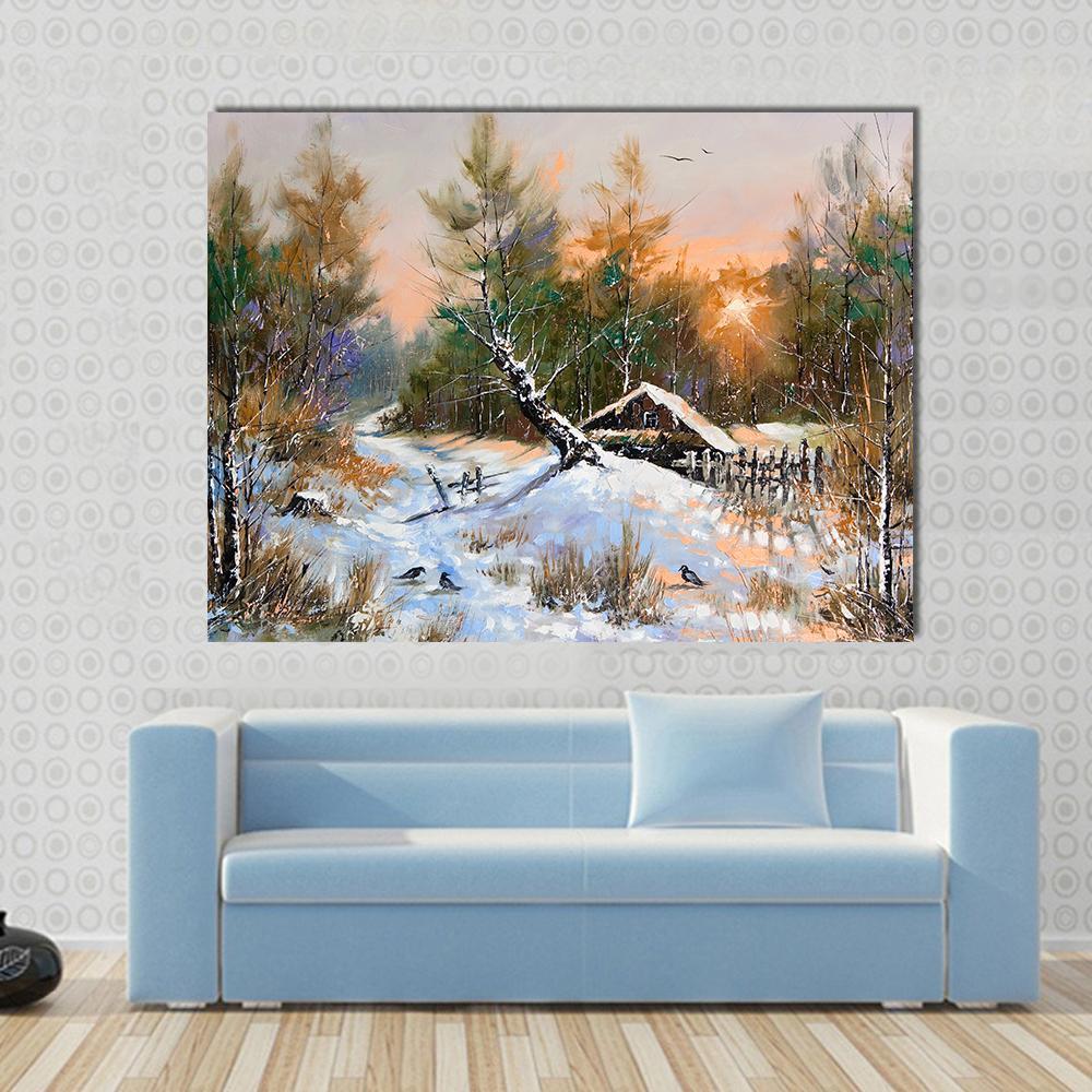 Winter Landscape at Sunset Canvas Wall Art in white, brown and orange, single panel hung on a wall