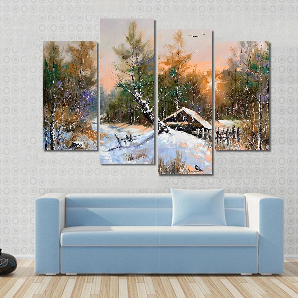 Winter Landscape At Sunset Canvas Wall Art-3 Horizontal-Gallery Wrap-37" x 24"-Tiaracle