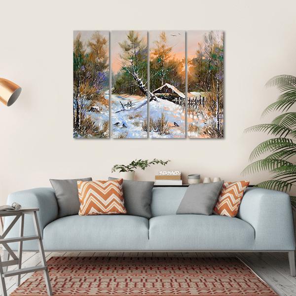 Winter Landscape At Sunset Canvas Wall Art-4 Horizontal-Gallery Wrap-34" x 24"-Tiaracle