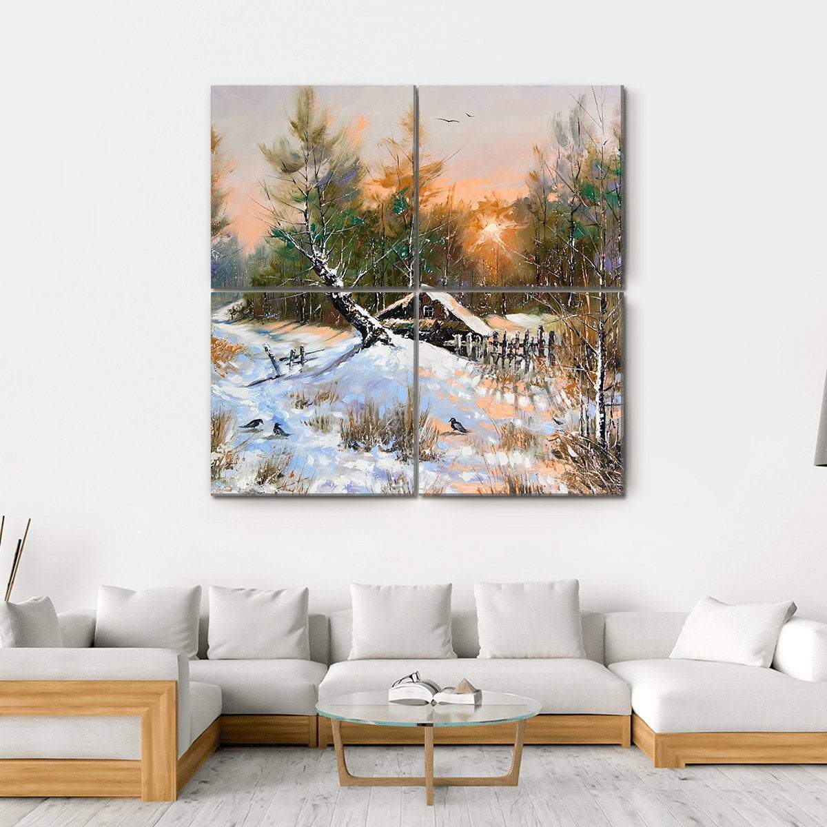 Winter Landscape At Sunset Canvas Wall Art-4 Horizontal-Gallery Wrap-34" x 24"-Tiaracle