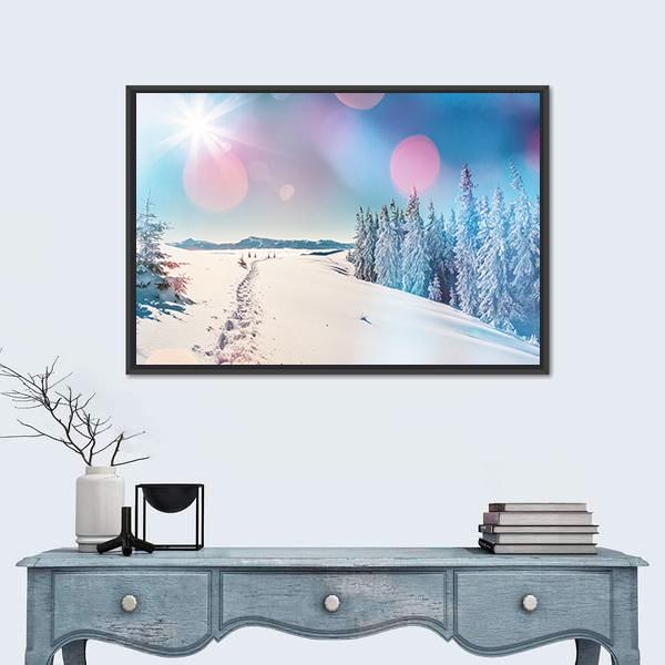Winter Landscape Glowing By Sunlight Canvas Wall Art-1 Piece-Floating Frame-24" x 16"-Tiaracle