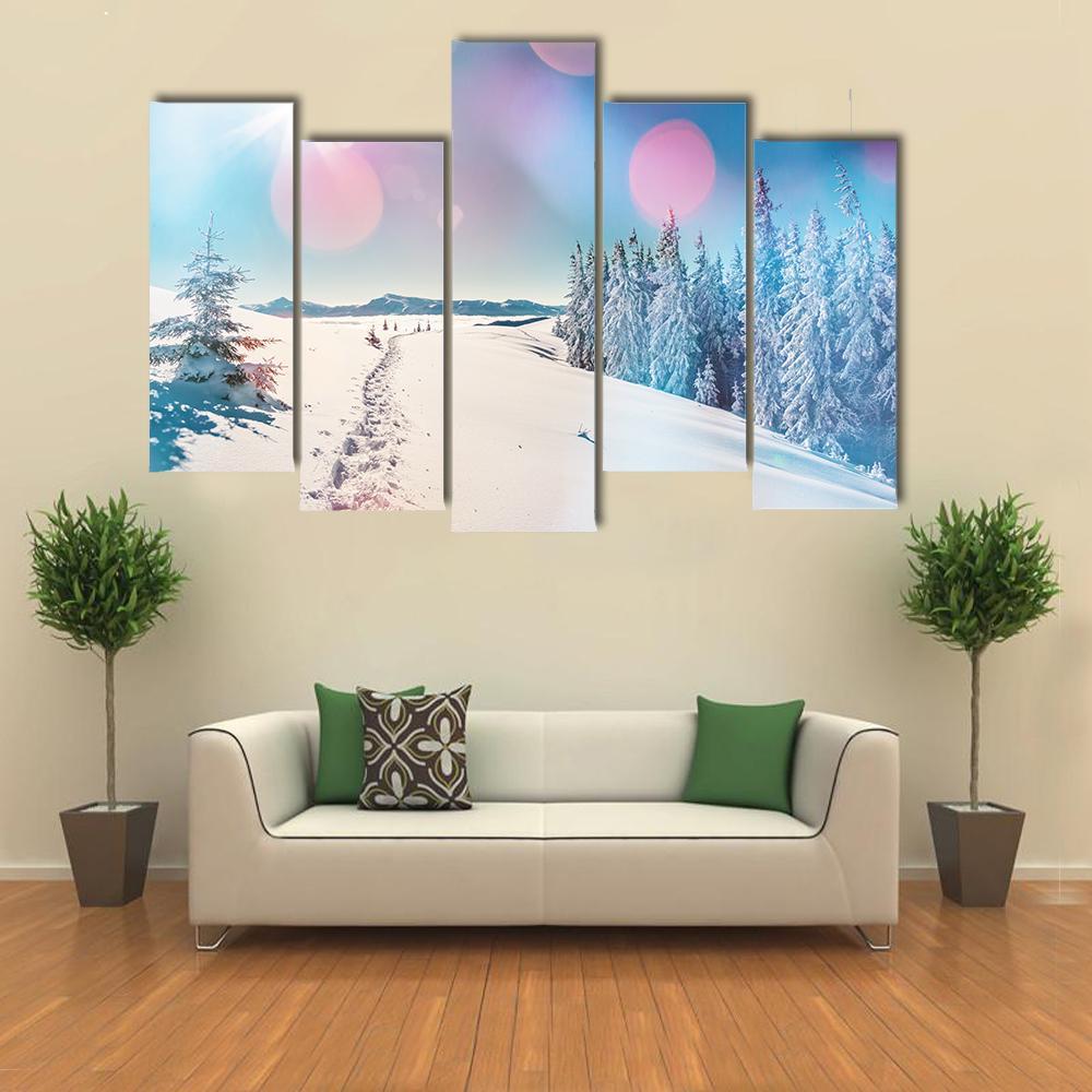 Winter Landscape Glowing By Sunlight Canvas Wall Art-5 Pop-Gallery Wrap-47" x 32"-Tiaracle