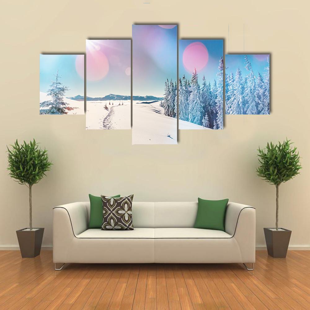 Winter Landscape Glowing By Sunlight Canvas Wall Art-5 Star-Gallery Wrap-62" x 32"-Tiaracle
