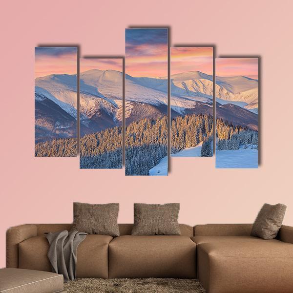 Winter Landscape In Mountain Canvas Wall Art-5 Pop-Gallery Wrap-47" x 32"-Tiaracle