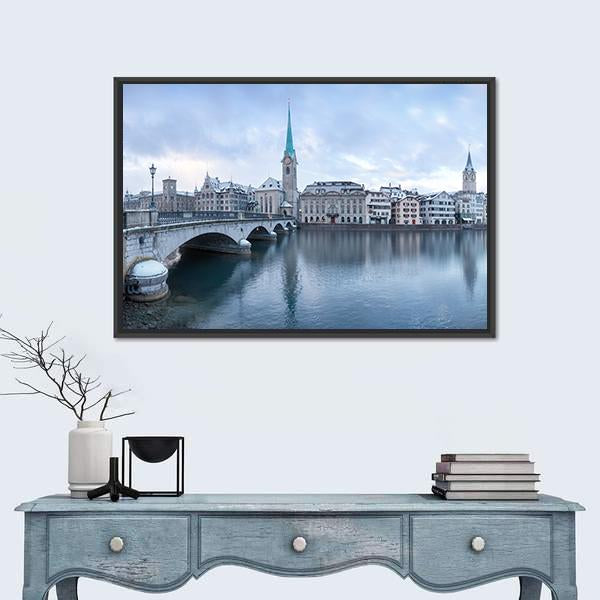 Winter Landscape Of Zurich With Lake Canvas Wall Art-1 Piece-Floating Frame-24" x 16"-Tiaracle