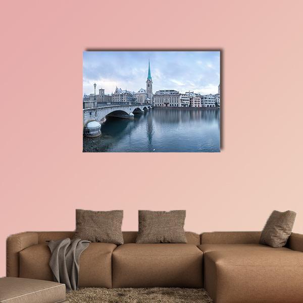 Winter Landscape Of Zurich With Lake Canvas Wall Art-1 Piece-Gallery Wrap-48&quot; x 32&quot;-Tiaracle