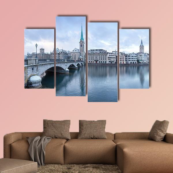 Winter Landscape Of Zurich With Lake Canvas Wall Art-4 Pop-Gallery Wrap-50" x 32"-Tiaracle