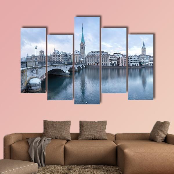 Winter Landscape Of Zurich With Lake Canvas Wall Art-5 Pop-Gallery Wrap-47" x 32"-Tiaracle