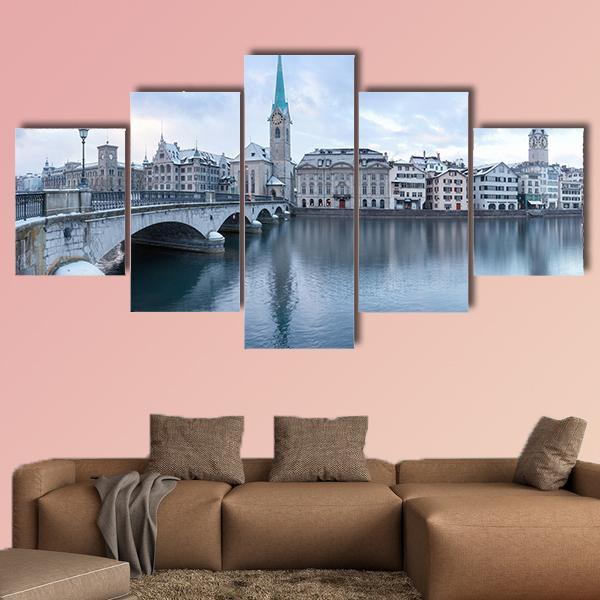 Winter Landscape Of Zurich With Lake Canvas Wall Art-5 Star-Gallery Wrap-62&quot; x 32&quot;-Tiaracle