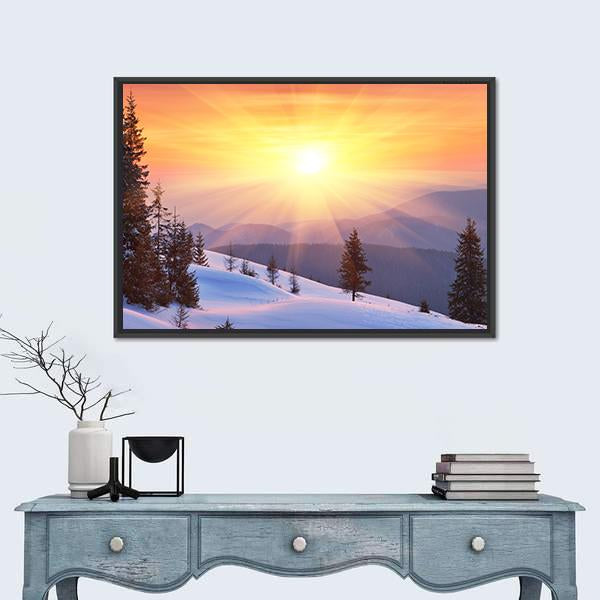 Winter Landscape On A Sunset In Ukraine Canvas Wall Art-1 Piece-Floating Frame-24&quot; x 16&quot;-Tiaracle